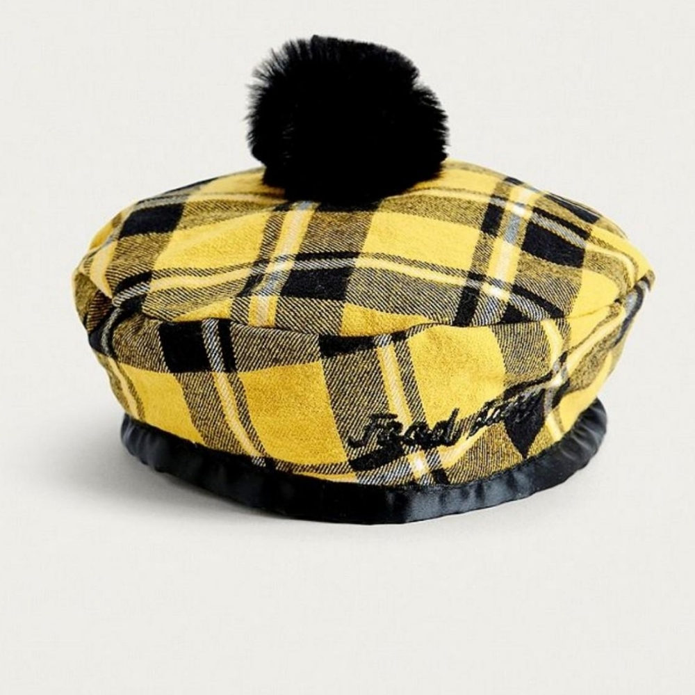Lazy Oaf Yellow Plaid Beret with Black Pom-Pom